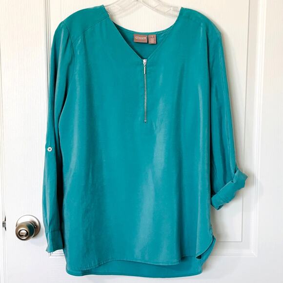 Chico's Wms Sz 1/Med Teal Tunic Top Roll Tab Sleeve  Quarter Zip Front Casual - Picture 3 of 8